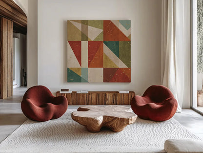 Framework V Spice by Veronique Charron. Shown as extra-large giant wall art in a modern living room. Available as an archival giclee rolled canvas, fine art paper, or poster print. SKU 28821a.