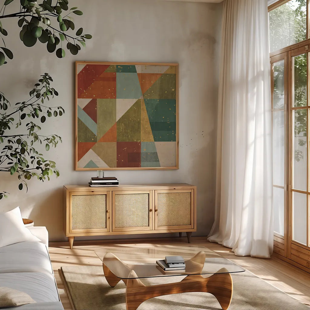 Framework VI Spice by Veronique Charron. Shown in a natural wood frame in a cozy modern living room. Available as an archival giclee rolled canvas, fine art paper, or poster print. SKU 28822a.