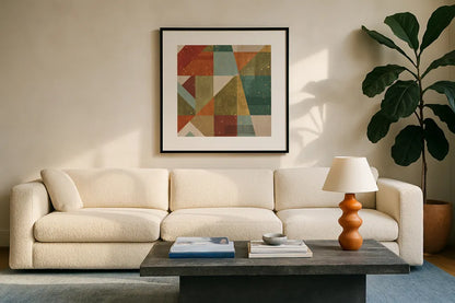 Framework VI Spice by Veronique Charron. Displayed in a glass frame with matte in a clean modern living room. Available as an archival giclee rolled canvas, fine art paper, or poster print. SKU 28822a.