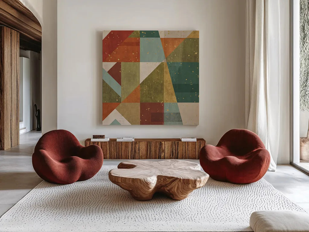 Framework VI Spice by Veronique Charron. Shown as extra-large giant wall art in a modern living room. Available as an archival giclee rolled canvas, fine art paper, or poster print. SKU 28822a.