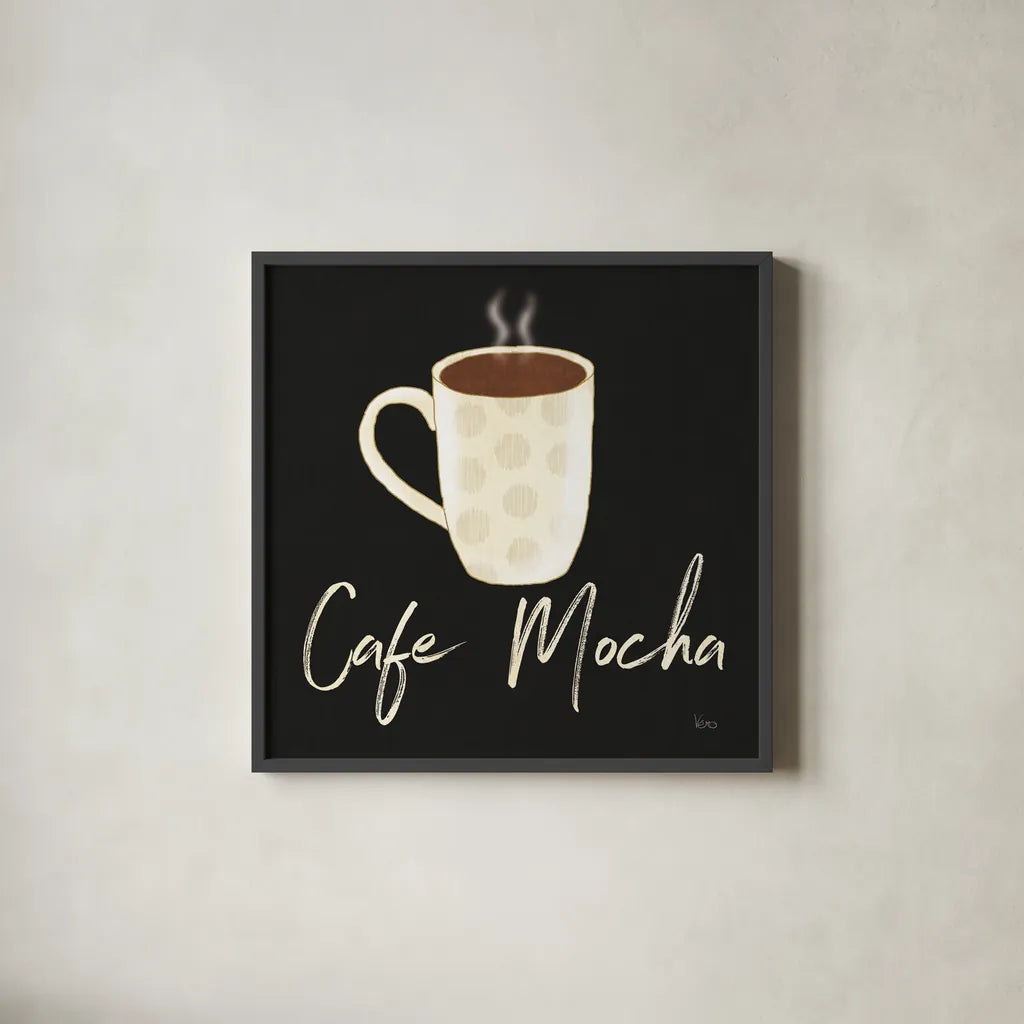 Fresh Coffee Cafe Mocha by Veronique Charron. Shown in a sleek black glass frame for a contemporary gallery look. Available as an archival giclee rolled canvas, fine art paper, or poster print. SKU 68437a.