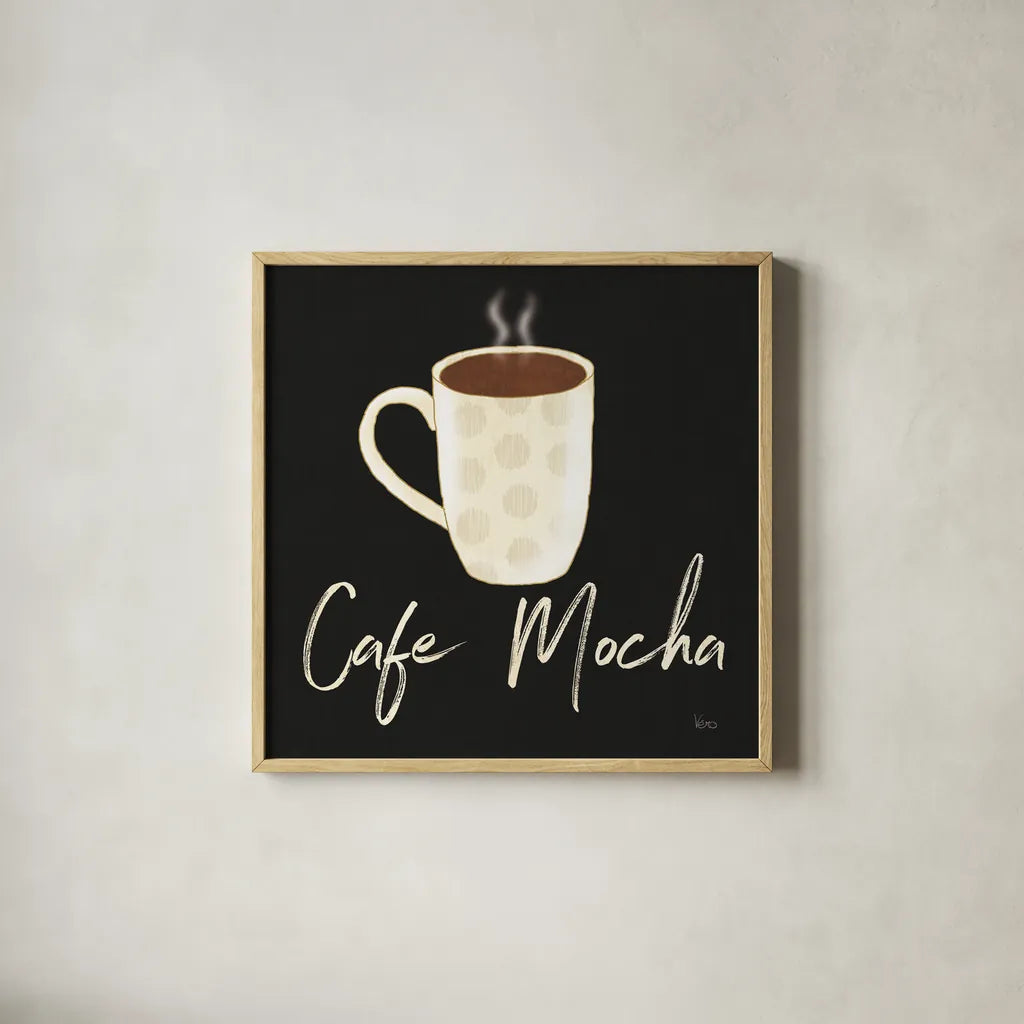 Fresh Coffee Cafe Mocha by Veronique Charron. Shown in a natural wood glass frame for a timeless modern aesthetic. Available as an archival giclee rolled canvas, fine art paper, or poster print. SKU 68437a.