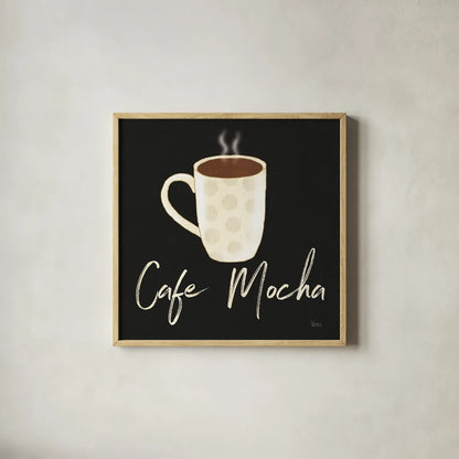 Fresh Coffee Cafe Mocha by Veronique Charron. Shown in a natural wood glass frame for a timeless modern aesthetic. Available as an archival giclee rolled canvas, fine art paper, or poster print. SKU 68437a.