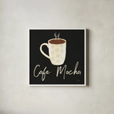 Fresh Coffee Cafe Mocha by Veronique Charron. Shown in a crisp white glass frame for a clean and minimalist style. Available as an archival giclee rolled canvas, fine art paper, or poster print. SKU 68437a.
