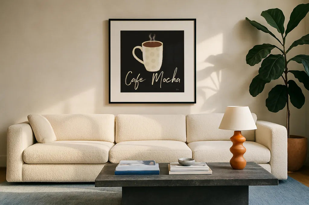 Fresh Coffee Cafe Mocha by Veronique Charron. Displayed in a glass frame with matte in a clean modern living room. Available as an archival giclee rolled canvas, fine art paper, or poster print. SKU 68437a.