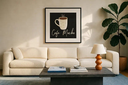 Fresh Coffee Cafe Mocha by Veronique Charron. Displayed in a glass frame with matte in a clean modern living room. Available as an archival giclee rolled canvas, fine art paper, or poster print. SKU 68437a.