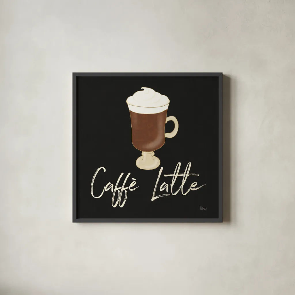 Fresh Coffee Caffe Latte by Veronique Charron. Shown in a sleek black glass frame for a contemporary gallery look. Available as an archival giclee rolled canvas, fine art paper, or poster print. SKU 68435a.