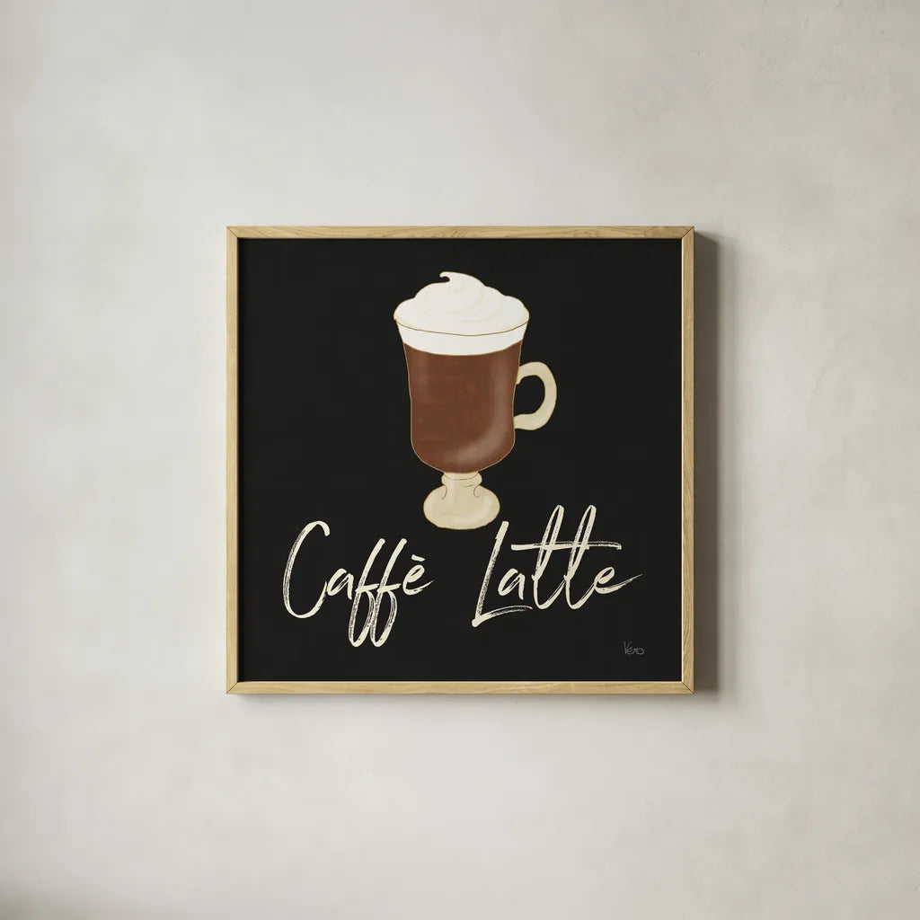 Fresh Coffee Caffe Latte by Veronique Charron. Shown in a natural wood glass frame for a timeless modern aesthetic. Available as an archival giclee rolled canvas, fine art paper, or poster print. SKU 68435a.