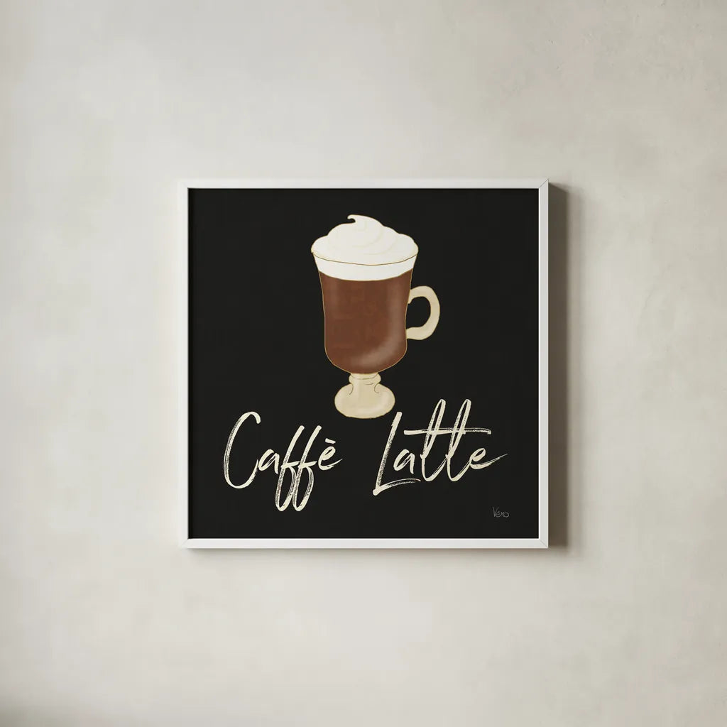 Fresh Coffee Caffe Latte by Veronique Charron. Shown in a crisp white glass frame for a clean and minimalist style. Available as an archival giclee rolled canvas, fine art paper, or poster print. SKU 68435a.