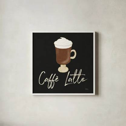 Fresh Coffee Caffe Latte by Veronique Charron. Shown in a crisp white glass frame for a clean and minimalist style. Available as an archival giclee rolled canvas, fine art paper, or poster print. SKU 68435a.