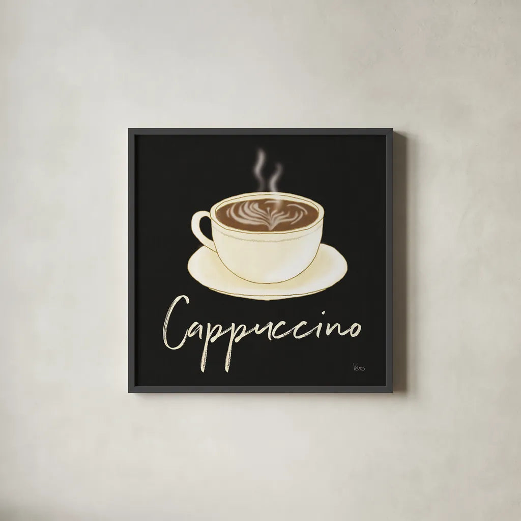 Fresh Coffee Cappucino by Veronique Charron. Shown in a sleek black glass frame for a contemporary gallery look. Available as an archival giclee rolled canvas, fine art paper, or poster print. SKU 68436a.