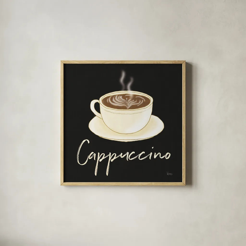 Fresh Coffee Cappucino by Veronique Charron. Shown in a natural wood glass frame for a timeless modern aesthetic. Available as an archival giclee rolled canvas, fine art paper, or poster print. SKU 68436a.