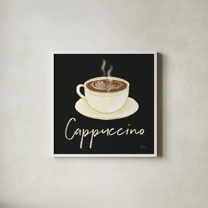 Fresh Coffee Cappucino by Veronique Charron. Shown in a crisp white glass frame for a clean and minimalist style. Available as an archival giclee rolled canvas, fine art paper, or poster print. SKU 68436a.