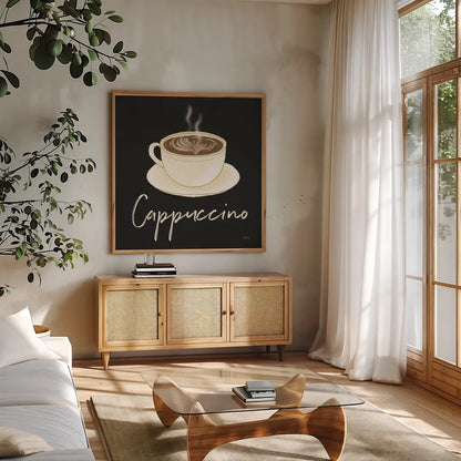 Fresh Coffee Cappucino by Veronique Charron. Shown in a natural wood frame in a cozy modern living room. Available as an archival giclee rolled canvas, fine art paper, or poster print. SKU 68436a.