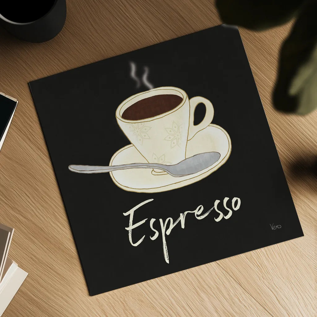 Fresh Coffee Espresso by Veronique Charron. Shown as a detailed flat fine art print, highlighting archival giclee quality. Available as an archival giclee rolled canvas, fine art paper, or poster print. SKU 68434a.