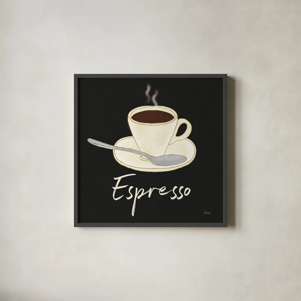 Fresh Coffee Espresso by Veronique Charron. Shown in a sleek black glass frame for a contemporary gallery look. Available as an archival giclee rolled canvas, fine art paper, or poster print. SKU 68434a.