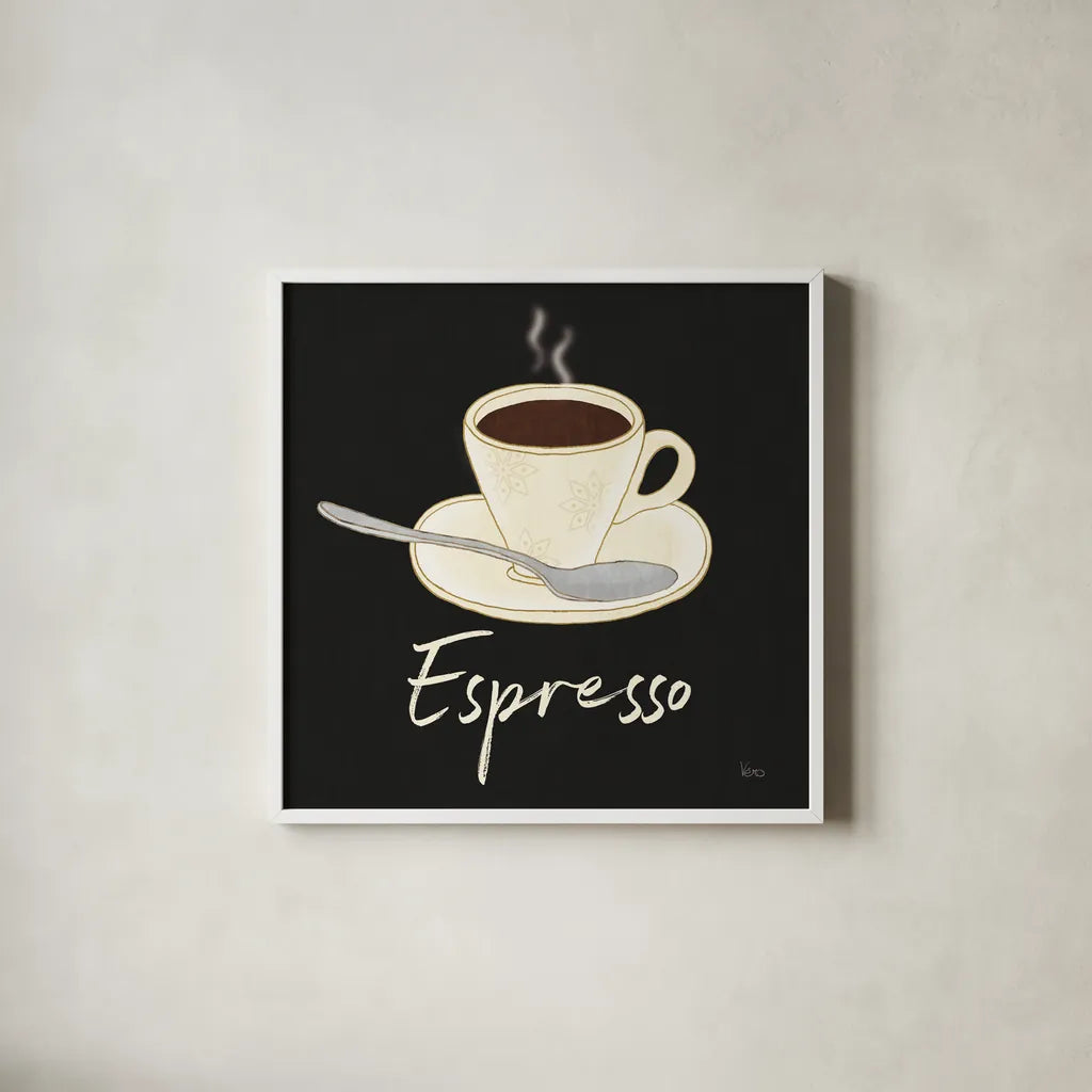 Fresh Coffee Espresso by Veronique Charron. Shown in a crisp white glass frame for a clean and minimalist style. Available as an archival giclee rolled canvas, fine art paper, or poster print. SKU 68434a.