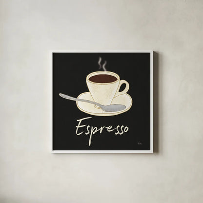 Fresh Coffee Espresso by Veronique Charron. Shown in a crisp white glass frame for a clean and minimalist style. Available as an archival giclee rolled canvas, fine art paper, or poster print. SKU 68434a.