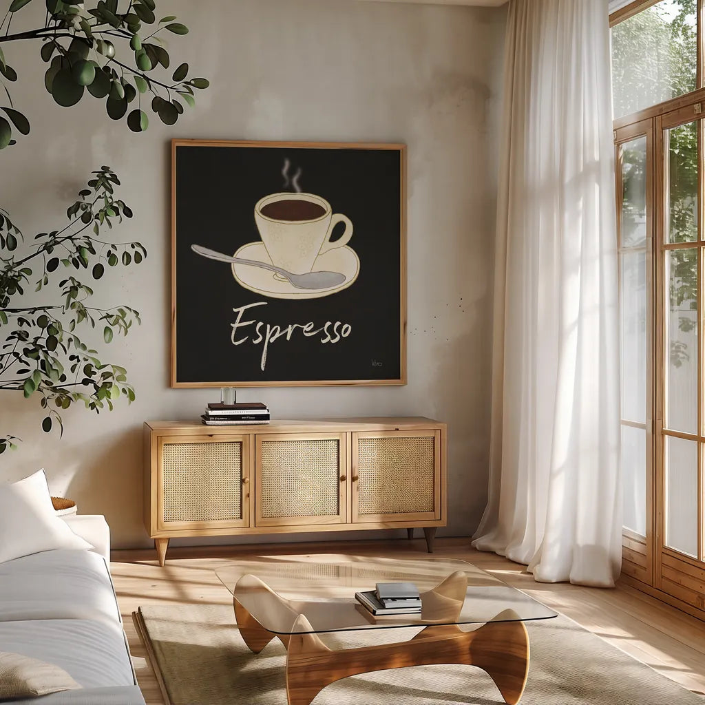 Fresh Coffee Espresso by Veronique Charron. Shown in a natural wood frame in a cozy modern living room. Available as an archival giclee rolled canvas, fine art paper, or poster print. SKU 68434a.