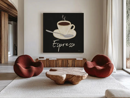 Fresh Coffee Espresso by Veronique Charron. Shown as extra-large giant wall art in a modern living room. Available as an archival giclee rolled canvas, fine art paper, or poster print. SKU 68434a.