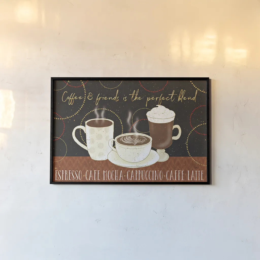 Fresh Coffee I by Veronique Charron. shown as a paper print in a black flame. Available as a archival giclee rolled canvas, fine art paper, or poster print. SKU 35224i.