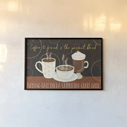 Fresh Coffee I by Veronique Charron. shown as a paper print in a black flame. Available as a archival giclee rolled canvas, fine art paper, or poster print. SKU 35224i.
