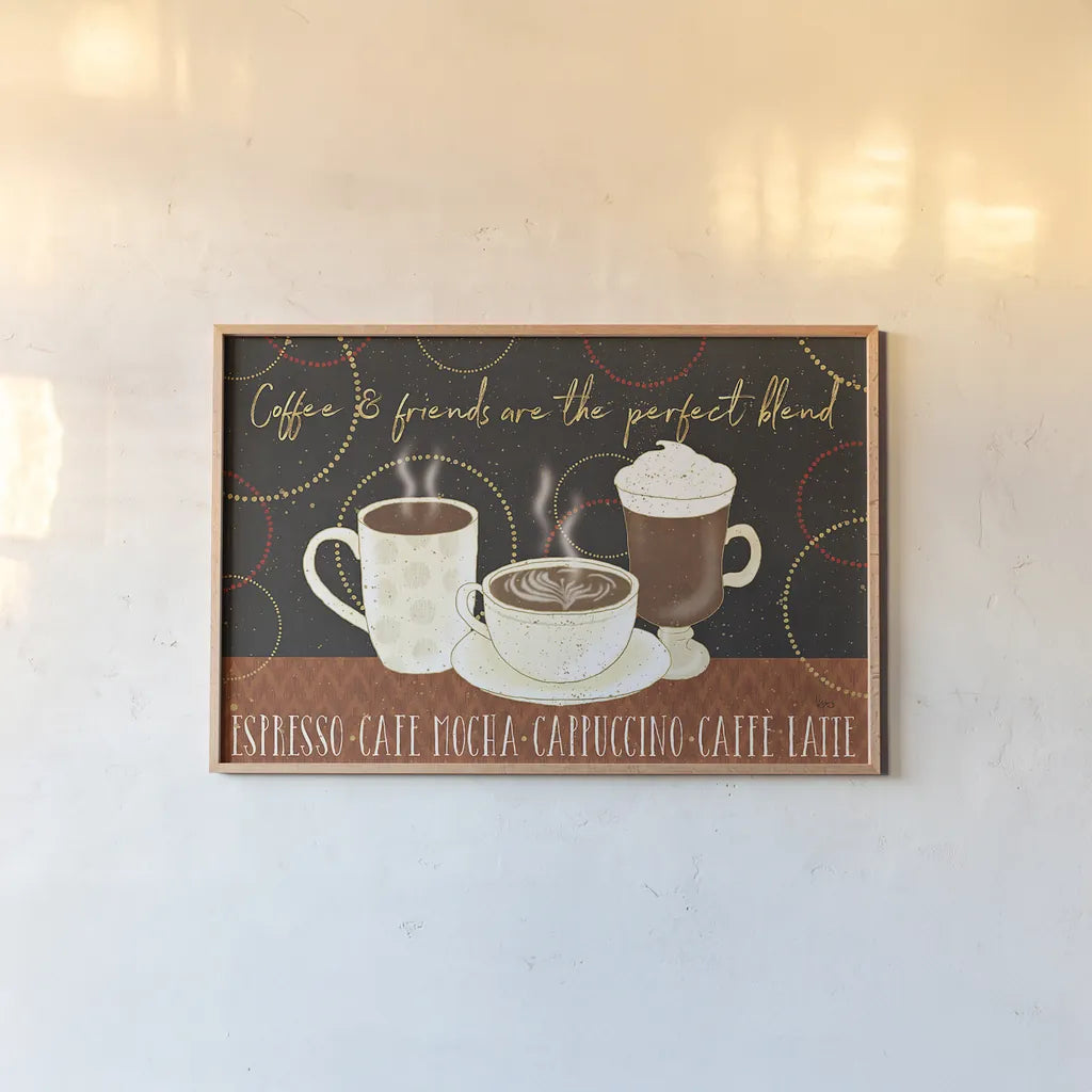Fresh Coffee I v2 by Veronique Charron. shown as a paper print in a natural frame. Available as a archival giclee rolled canvas, fine art paper, or poster print. SKU 37206i.