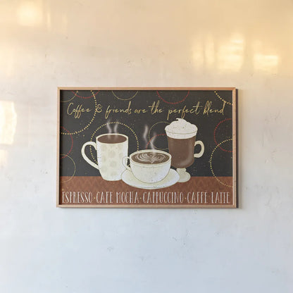 Fresh Coffee I v2 by Veronique Charron. shown as a paper print in a natural frame. Available as a archival giclee rolled canvas, fine art paper, or poster print. SKU 37206i.