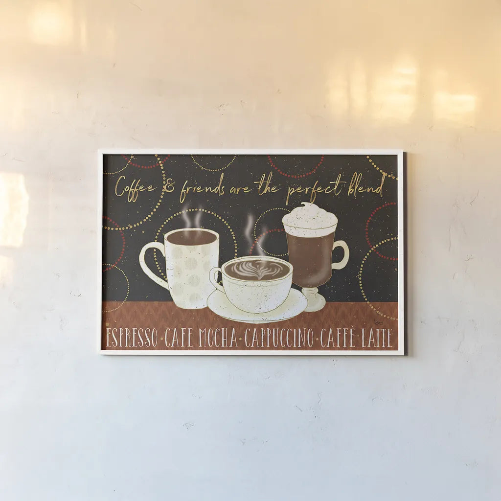 Fresh Coffee I v2 by Veronique Charron. shown as a paper print in a white frame. Available as a archival giclee rolled canvas, fine art paper, or poster print. SKU 37206i.