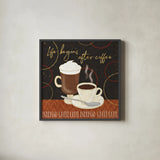 Fresh Coffee II by Veronique Charron. Shown in a sleek black glass frame for a contemporary gallery look. Available as an archival giclee rolled canvas, fine art paper, or poster print. SKU 35225a.