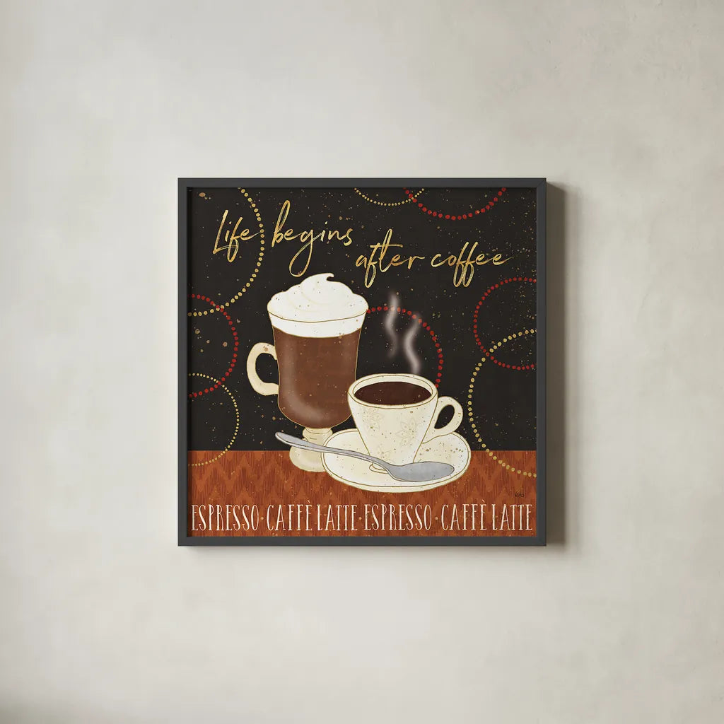 Fresh Coffee II by Veronique Charron. Shown in a sleek black glass frame for a contemporary gallery look. Available as an archival giclee rolled canvas, fine art paper, or poster print. SKU 35225a.