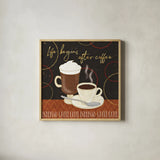 Fresh Coffee II by Veronique Charron. Shown in a natural wood glass frame for a timeless modern aesthetic. Available as an archival giclee rolled canvas, fine art paper, or poster print. SKU 35225a.