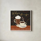 Fresh Coffee II by Veronique Charron. Shown in a crisp white glass frame for a clean and minimalist style. Available as an archival giclee rolled canvas, fine art paper, or poster print. SKU 35225a.