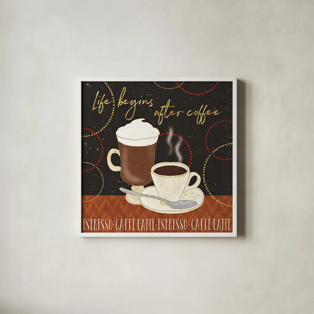 Fresh Coffee II by Veronique Charron. Shown in a crisp white glass frame for a clean and minimalist style. Available as an archival giclee rolled canvas, fine art paper, or poster print. SKU 35225a.