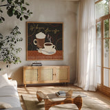 Fresh Coffee II by Veronique Charron. Shown in a natural wood frame in a cozy modern living room. Available as an archival giclee rolled canvas, fine art paper, or poster print. SKU 35225a.