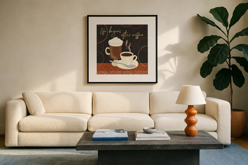 Fresh Coffee II by Veronique Charron. Displayed in a glass frame with matte in a clean modern living room. Available as an archival giclee rolled canvas, fine art paper, or poster print. SKU 35225a.