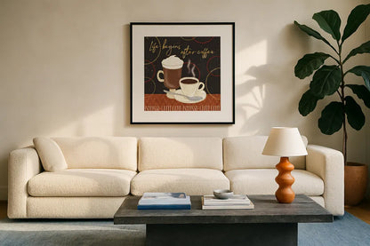 Fresh Coffee II by Veronique Charron. Displayed in a glass frame with matte in a clean modern living room. Available as an archival giclee rolled canvas, fine art paper, or poster print. SKU 35225a.
