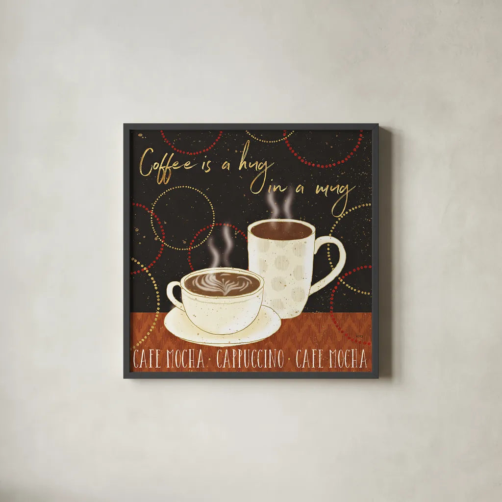 Fresh Coffee III by Veronique Charron. Shown in a sleek black glass frame for a contemporary gallery look. Available as an archival giclee rolled canvas, fine art paper, or poster print. SKU 35226a.