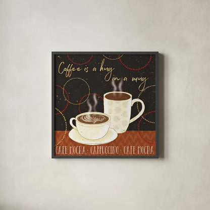 Fresh Coffee III by Veronique Charron. Shown in a sleek black glass frame for a contemporary gallery look. Available as an archival giclee rolled canvas, fine art paper, or poster print. SKU 35226a.