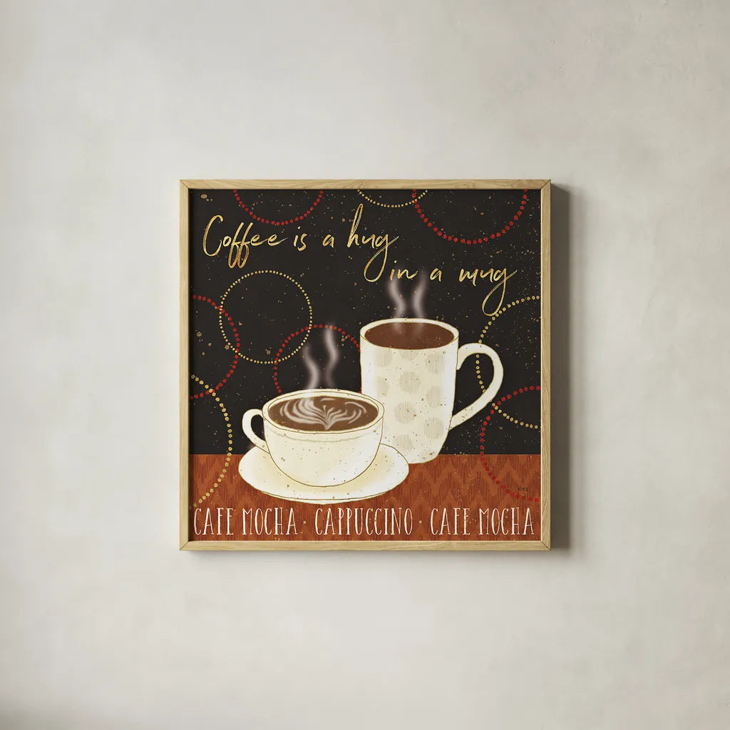 Fresh Coffee III by Veronique Charron. Shown in a natural wood glass frame for a timeless modern aesthetic. Available as an archival giclee rolled canvas, fine art paper, or poster print. SKU 35226a.