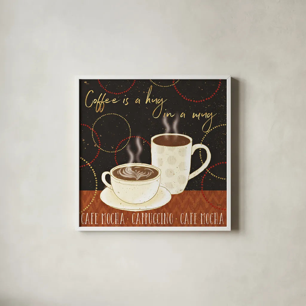Fresh Coffee III by Veronique Charron. Shown in a crisp white glass frame for a clean and minimalist style. Available as an archival giclee rolled canvas, fine art paper, or poster print. SKU 35226a.