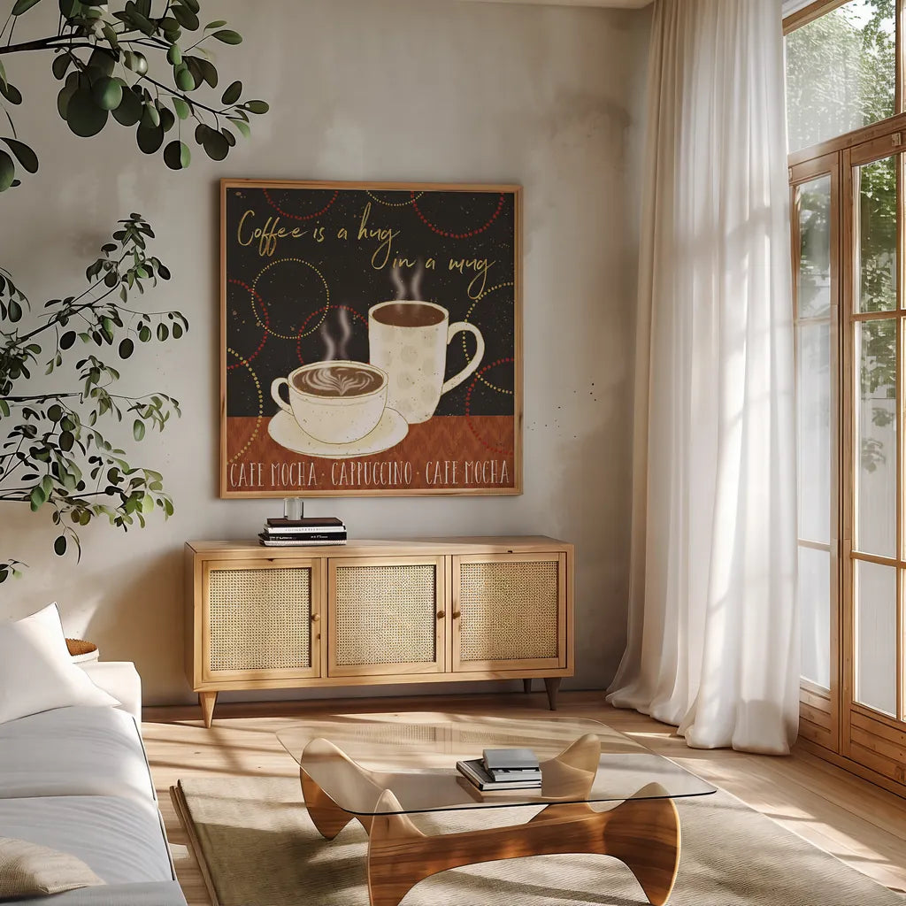 Fresh Coffee III by Veronique Charron. Shown in a natural wood frame in a cozy modern living room. Available as an archival giclee rolled canvas, fine art paper, or poster print. SKU 35226a.