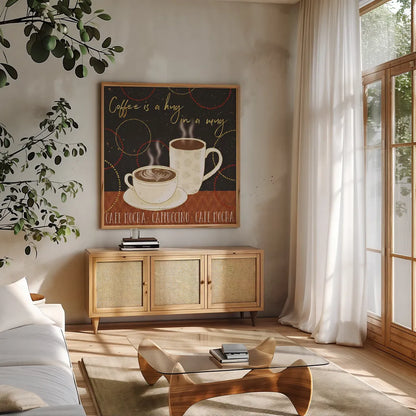 Fresh Coffee III by Veronique Charron. Shown in a natural wood frame in a cozy modern living room. Available as an archival giclee rolled canvas, fine art paper, or poster print. SKU 35226a.