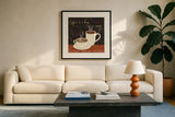 Fresh Coffee III by Veronique Charron. Displayed in a glass frame with matte in a clean modern living room. Available as an archival giclee rolled canvas, fine art paper, or poster print. SKU 35226a.