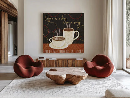 Fresh Coffee III by Veronique Charron. Shown as extra-large giant wall art in a modern living room. Available as an archival giclee rolled canvas, fine art paper, or poster print. SKU 35226a.