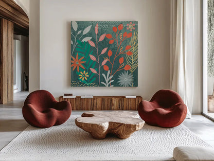 Fresh Petals II by Veronique Charron. Shown as extra-large giant wall art in a modern living room. Available as an archival giclee rolled canvas, fine art paper, or poster print. SKU 79636a.