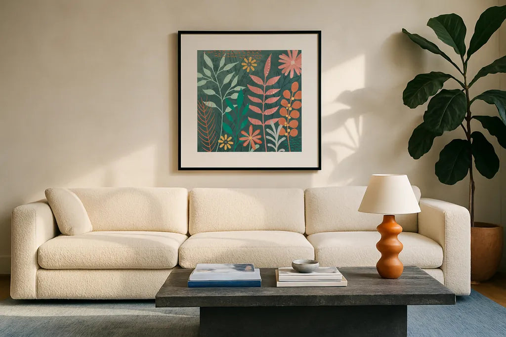 Fresh Petals III by Veronique Charron. Displayed in a glass frame with matte in a clean modern living room. Available as an archival giclee rolled canvas, fine art paper, or poster print. SKU 79637a.