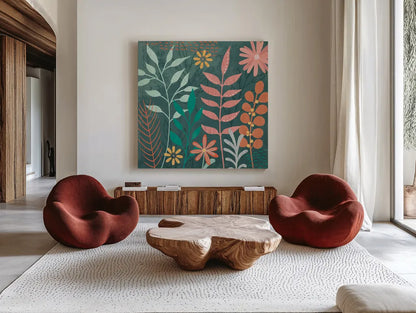 Fresh Petals III by Veronique Charron. Shown as extra-large giant wall art in a modern living room. Available as an archival giclee rolled canvas, fine art paper, or poster print. SKU 79637a.