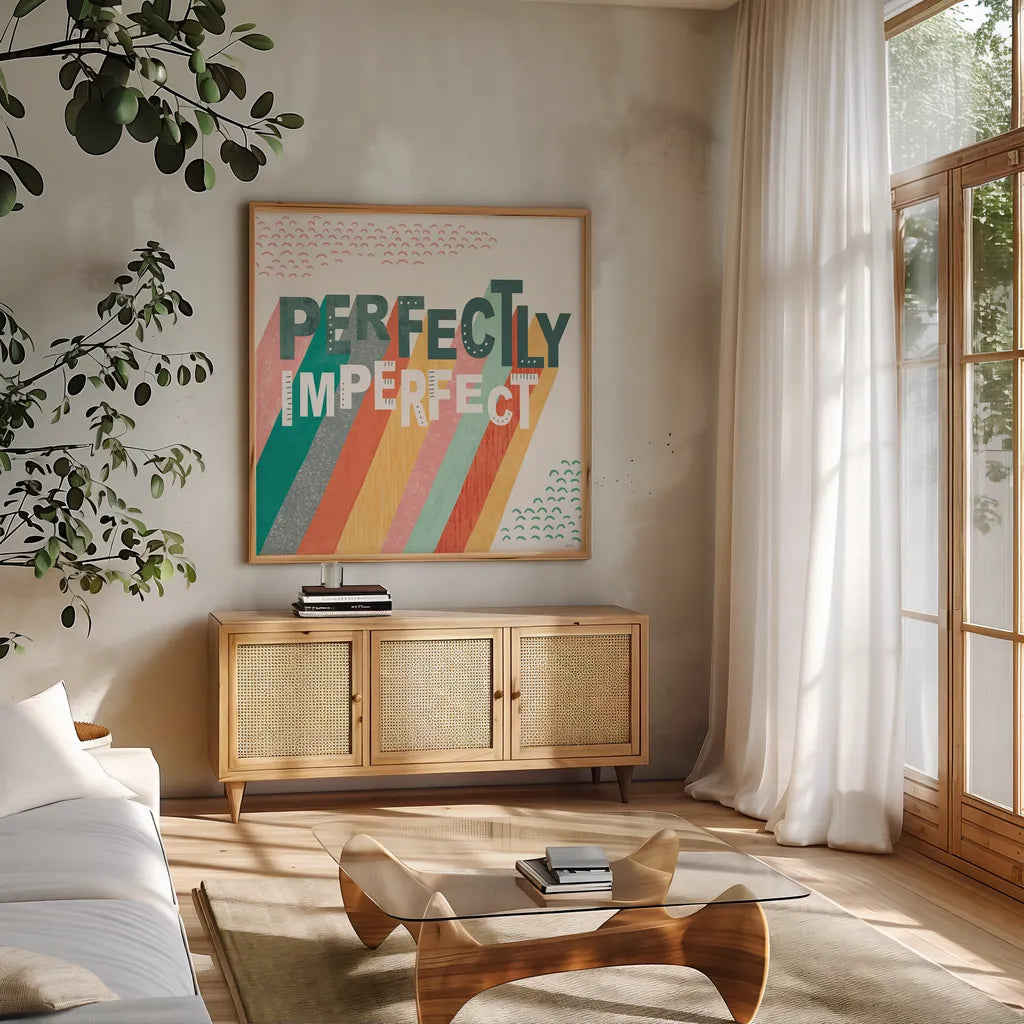 Fresh Petals IV by Veronique Charron. Shown in a natural wood frame in a cozy modern living room. Available as an archival giclee rolled canvas, fine art paper, or poster print. SKU 79638a.