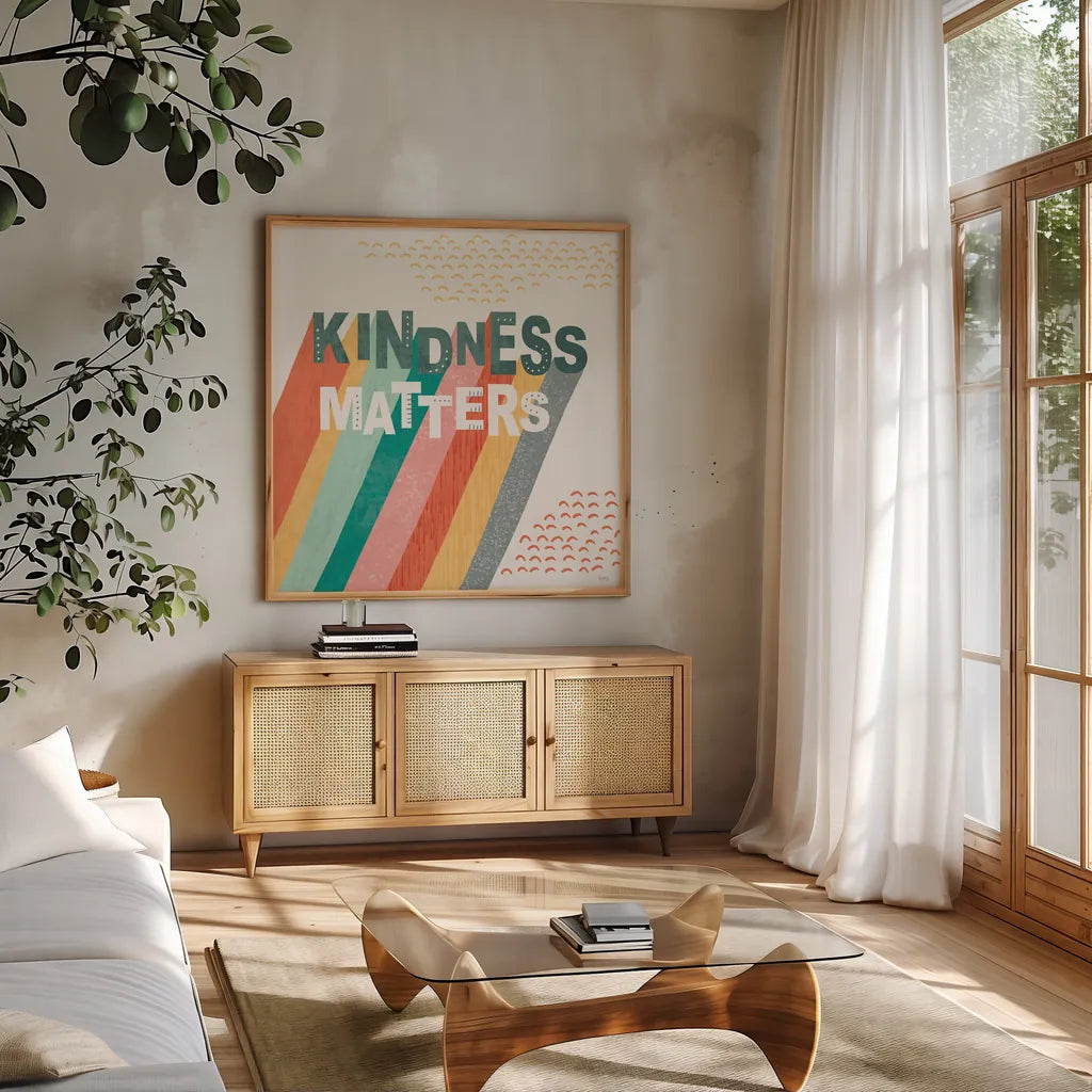 Fresh Petals V by Veronique Charron. Shown in a natural wood frame in a cozy modern living room. Available as an archival giclee rolled canvas, fine art paper, or poster print. SKU 79639a.